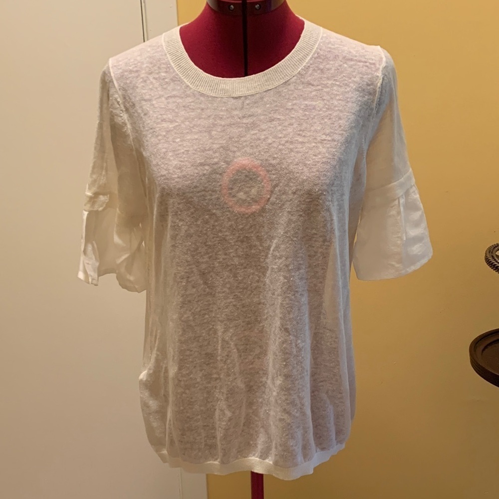 Stefanel Cream Sheer Short Sleeve Tee with ruffle like detail on sleeve